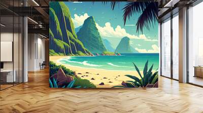 Idyllic sandy tropical beach sea landscape, ocean seashore. Paradise island panorama with palm tree, mountains and sky, exotic resort summer vacation cartoon concept illustration. Generative AI. Wall mural