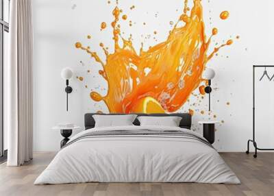 Illustration of an orange fruit slice with a juice splash. The fresh citrus fruit juice creates a swirl or splash effect, with healthy vitamin drink droplets adding a refreshing touch. Wall mural