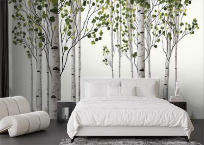 Illustration of summer forest birch trees with leaves, branches and catkins on white background. Generative AI. Wall mural