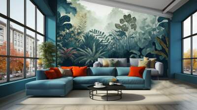 Interior of the room with a sofa and potted flowers, on the background of watercolor wallpaper pattern depicting the lush and vibrant landscape of the Amazon rainforest. Generative AI illustration. Wall mural