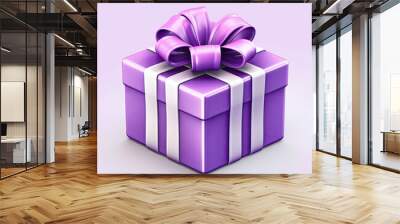 Purple closed gift box with ribbon and bow illustration on a light background. Wall mural