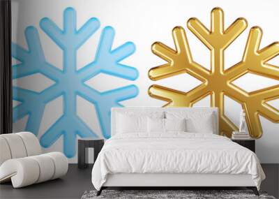 Front view iridescent glass, golden and blue snowflake set. 3D rendering. Wall mural