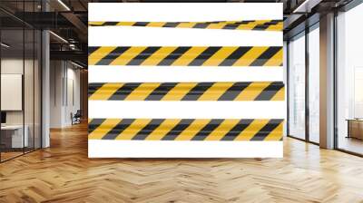 Isolated warning tape with yellow and black stripes. Stretched and twisted police ribbon set. Wall mural