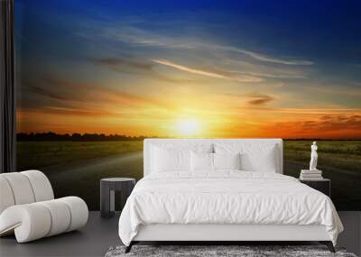 Asphalt road among the fields at sunset Wall mural