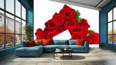 Bunch of red roses and a greeting card isolated on white background Wall mural