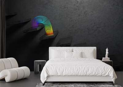 Rainbow slinky toy on the black stairs in dark room. 3D rendering. Wall mural