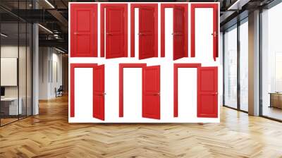 red doors set with silver handle. front view opened and closed door isolated on transparent backgrou Wall mural