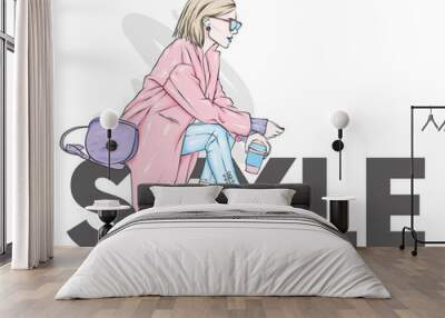 Beautiful, tall and slender girl in a stylish coat, trousers, glasses, with glasses. Stylish woman in high-heeled shoes. Fashion & Style. Vector illustration. Wall mural