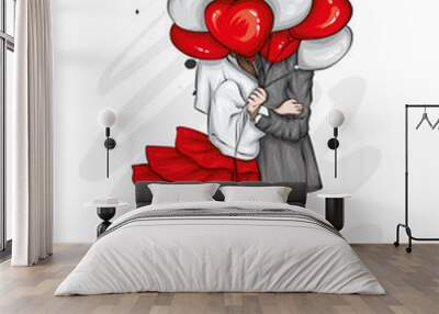 Beautiful couple with balloons in the shape of hearts. A girl in a dress and high-heeled shoes and a man in a coat and trousers. Valentine's Day, love and relationships. Vector illustration.  Wall mural