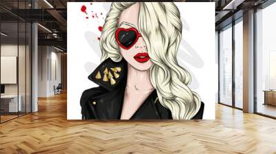 Beautiful girl with glasses in the shape of hearts. Valentine's Day and love. Vector illusion for a postcard or poster, print on clothes. Fashion and style, accessories.
 Wall mural