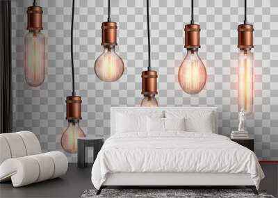 Decorative Retro design edison light bulb set. Lamps of different shapes. Vintage and antique style with copper. For loft and cafe. Vector Illustration isolated on transparent background. Wall mural