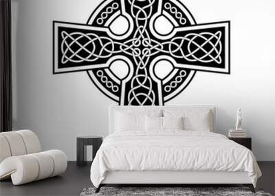 Celtic Cross with white patterns on a black background. Wall mural