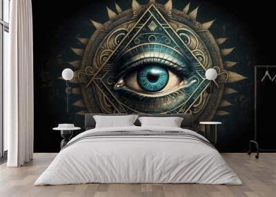  All seeing eye in sacred geometry triangle, masonry and illuminati symbol created by generative AI Wall mural