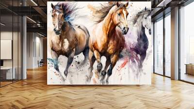  Watercolor drawing of a running horses created by generative AI Wall mural