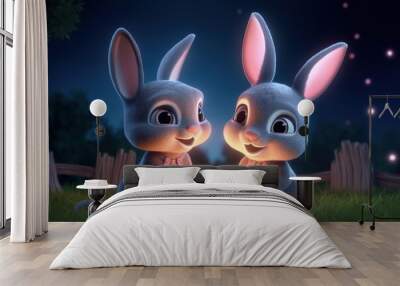 a cute adorable two baby rabbits by night with light in nature rendered in the style of children-friendly cartoon animation fantasy style 3D style Illustration created by AI Wall mural