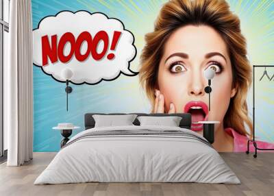 Comic-style illustration of shocked woman with wide eyes and open mouth Wall mural