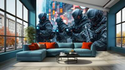 Futuristic SWAT team in neon-lit city, cyberpunk style Wall mural