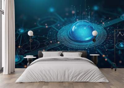 Futuristic technology network with glowing blue abstract sphere Wall mural