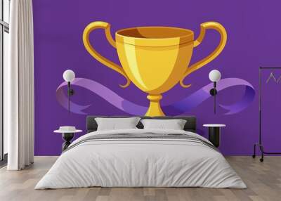 Golden trophy cup with purple ribbon on a vibrant background Wall mural