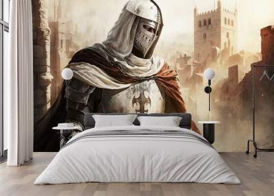 Knights are a warrior in armor and helmets.Ancient Jerusalemn in the background created by generative AI Wall mural