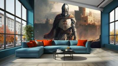 Knights are a warrior in armor and helmets.Ancient Jerusalemn in the background created by generative AI Wall mural