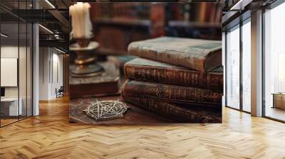 Stack of old books and grimoires with candle on wooden table Wall mural