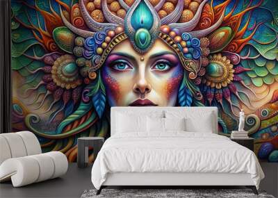 Vibrant mystical woman with colorful headdress in abstract portrait painting Wall mural