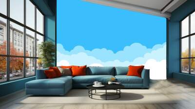 Blue sky with white clouds background. Border of clouds. Simple cartoon design. Flat style vector illustration. Wall mural