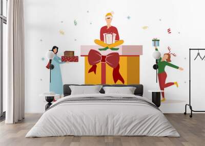 Christmas new year banner sale poster and flyer with giant gift boxes and small people men. vector Wall mural