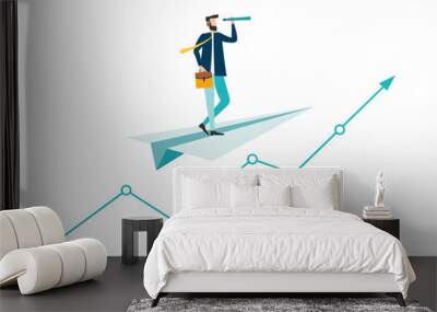 One Businessman standing holding binoculars on a paper plane flying up into the sky while flying above a arrow graph. business finance success. leadership. startup. creative idea. Vector Wall mural