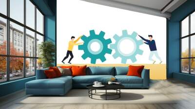 Two businessman holding gear. Idea of teamwork and partnership. Part of the mechanism, corporate business. Isolated vector illustration in cartoon style Wall mural