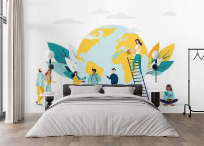 Vector flat style concept for environment protection and ecology. People silhouettes in different poses around planet Earth. Minimalism design with exaggerated objects. Floral elements at background. Wall mural