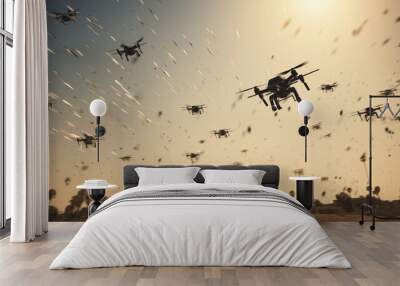 Drone warfare concept, swarm of military drones attacking, desert or Middle East environment in the background. Wall mural