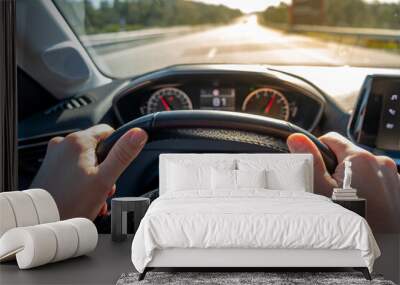 Car steering wheel holded by two hands, on a highway road Wall mural