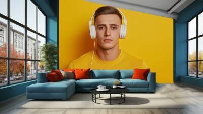 Retrato de jovem ouvindo música em fones de ouvido e olhando para a câmera contra fundo amarelo de estúdio. Tempo de lazer e descanso. Conceito de emoções humanas, diversidade, juventude, modernidade Wall mural