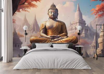 buddha statue at temple, ai generated Wall mural