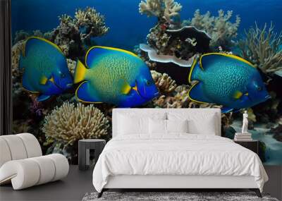 coral reef in the red coral reef and fish on a blue sea, big blue ocean, clear water, ai generated Wall mural