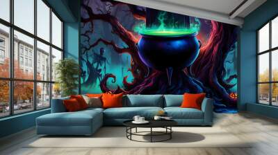 halloween pumpkin in the dark, halloween witch flying in the night Wall mural