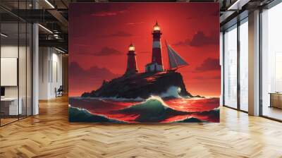 lighthouse at sunset, ai generated Wall mural