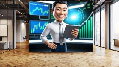 3D stock market mascot in business suit holding tablet with financial data displayed - GENERATED AI Wall mural