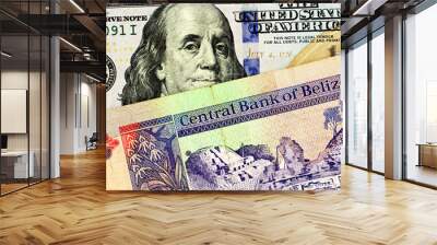 A macro image of a Belize two dollar bill in macro with a blue American one hundred dollar bill Wall mural