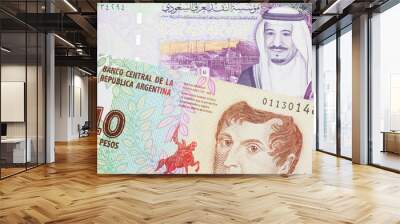 A ten peso bill from Argentina, close up in macro with a colorful five riyal bank note from Saudi Arabia Wall mural