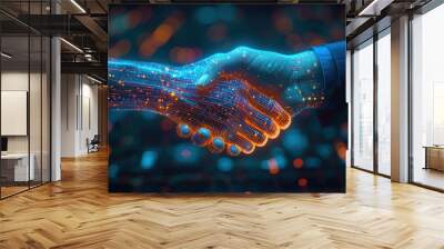 Artificial Intelligence. business man shaking hand with digital partner machine on abstract cyber technology background, network security, partnership, investor, partner, financial, connection concept Wall mural