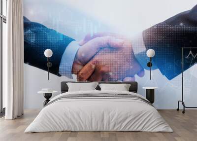 business man handshake with effect chart of stock Forex market and global world map network link connection graphic diagram, digital technology, internet communication, teamwork, partnership concept Wall mural