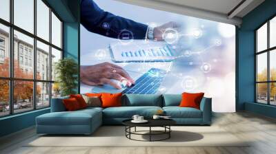 business man working about finance with document report and digital laptop computer with virtual graphic diagram, cloud computing, digital online marketing and financial business, technology concept Wall mural