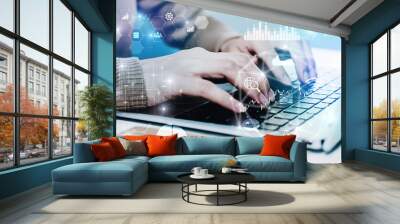 business people hand working on laptop computer with virtual graphic data information diagram, information internet security, network connection, investment financial and digital technology concept Wall mural