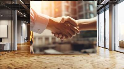 construction worker team contractor shaking hand after business meeting to greeting start up project contract in construction site building, successful, partnership, teamwork concept, Generative AI Wall mural