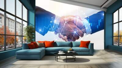 Deal. business man shaking hands with effect global network link connection and graph chart of stock market graphic diagram, digital technology, internet communication, teamwork, partnership concept Wall mural