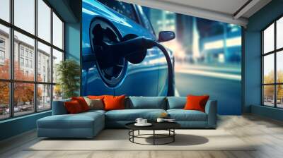 Eco power. electric vehicle charging station with power cable supply plugged station, EV charging station, green energy, blue power, electric energy, technology and EV Car concept. Generative AI Wall mural