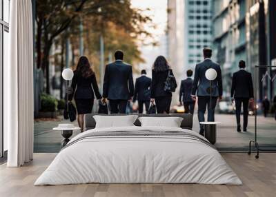 Goal, back view of group business people crowd walking on street go to work at morning in city downtown, insurance, finance, business marketing, partnership, business target concept Wall mural